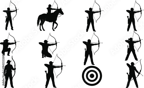 Dynamic archery silhouette collection featuring standing, kneeling, and horseback archers aiming at targets, showcasing traditional bow skills for 