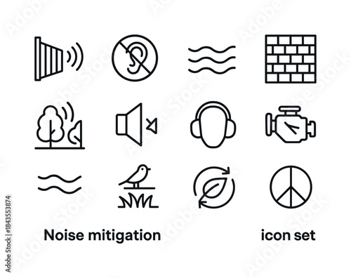 Noise Mitigation Icons. Noise mitigation. Line icon set of noise