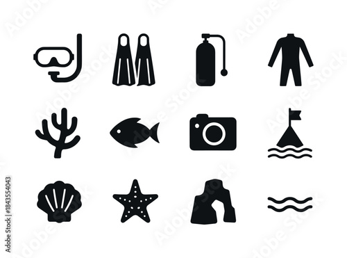 Snorkeling Gear Icons. Snorkeling & Diving. Solid icon set of Sn