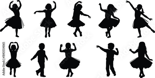 Dynamic children dancing silhouettes in various expressive ballet and movement poses, showcasing elegant choreography, playful energy, artistic motion, 