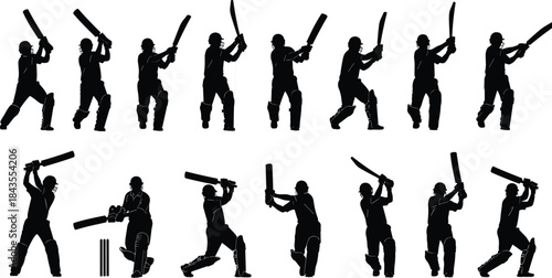 Dynamic Collection of Batsmen Poses including Various Shots and Stances for Sports, Game, and Competition Graphics Content