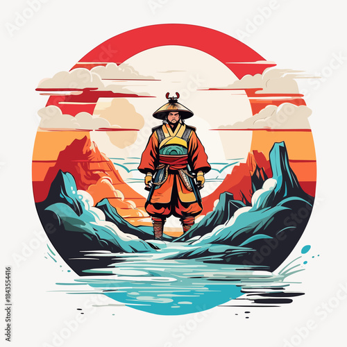Samurai Warrior Standing in a Serene Landscape with Mountains and Water.