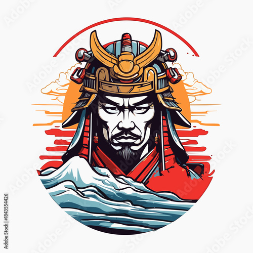 Japanese Samurai Warrior Portrait with Mount Fuji and Clouds.