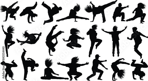Dynamic collection of breakdance and hip hop dancer silhouette vector illustrations showing energetic moves, freestyle motion, athletic choreography, and creative street dance poses for modern design 