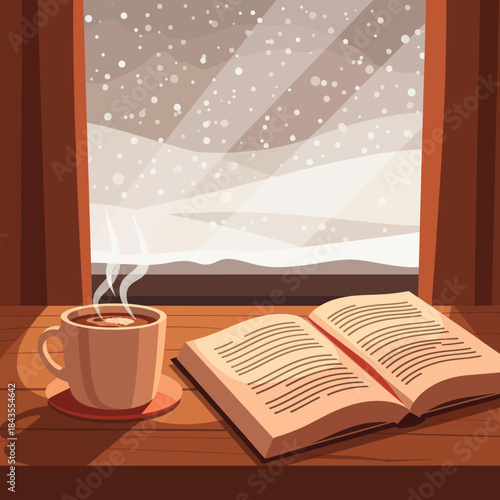 Cozy Christmas Winter Scene Steaming Coffee and Open Book Amidst Falling Snowflakes, a Flat Illustration