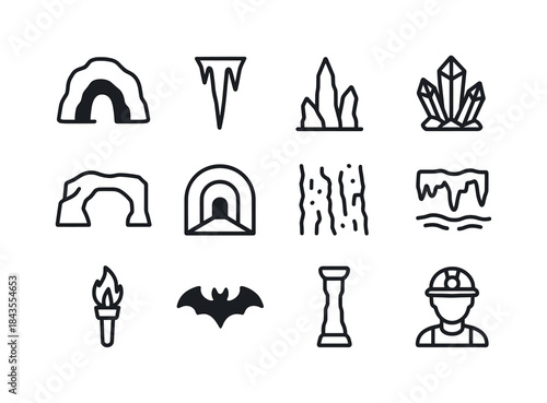 Cave Icon Set. Caves, Stalactites, and Underground Wonders. Line