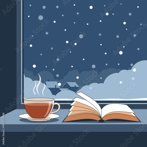 A serene christmas winter night scene showcasing delicate snow flakes gently falling outside a window, featuring a flat illustration of a steaming hot beverage and an open book on a cozy sill