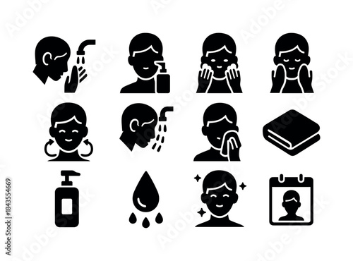 Face Cleansing Icons. Face cleansing steps. Solid icon set of fa
