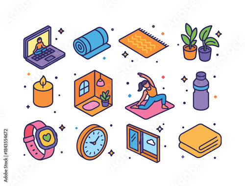Isometric Home Yoga Icons. Home yoga session. Colorful isometric
