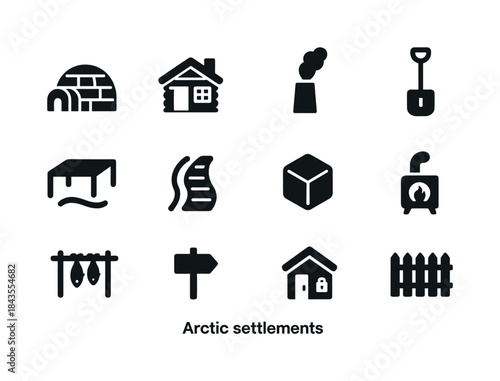 Arctic Settlement Icons. Arctic settlements. Solid icon set of a
