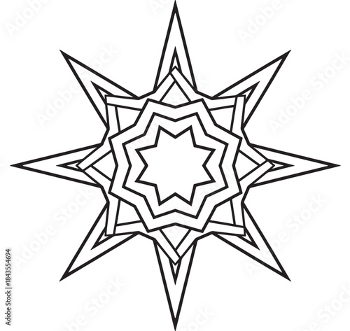 Intricate eight pointed star design with nested shapes on transparent background silhouette