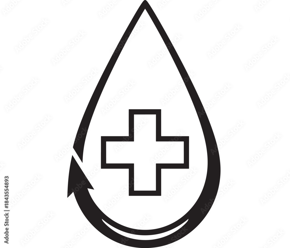 Fototapeta premium A medical droplet icon with a plus sign ideal for healthcare on transparent background silhouette