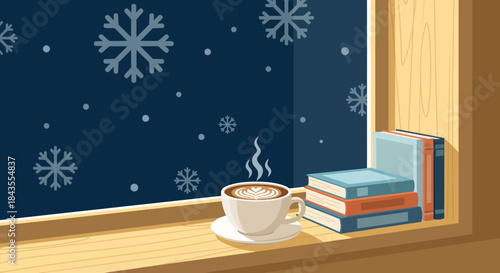 Cozy flat winter Christmas scene with gentle snow flakes drifting past a window, highlighting a steaming coffee cup and books on the sill for a relaxing evening