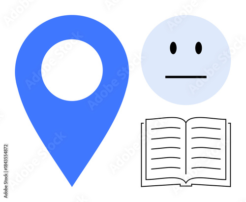 Location tracking, emotional expression, education, navigation tools, learning resources, user interface design. Blue geolocation pin beside neutral face and an open book icon. Location tracking
