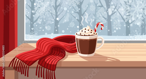 A cozy christmas winter flat scene featuring a hot chocolate mug and a warm scarf, with gentle snow flakes falling outside a window, creating a serene holiday atmosphere