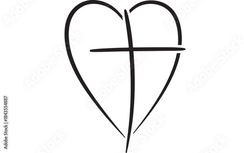 Simple black heart with a cross inside a striking silhouette on transparent background