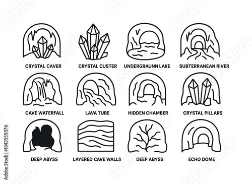 Underground Wonders Icons. Underground Wonders. Line icon set of