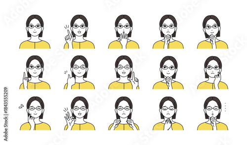 眼鏡をかけた若い女性の様々表情バリエーションセット　イエロー