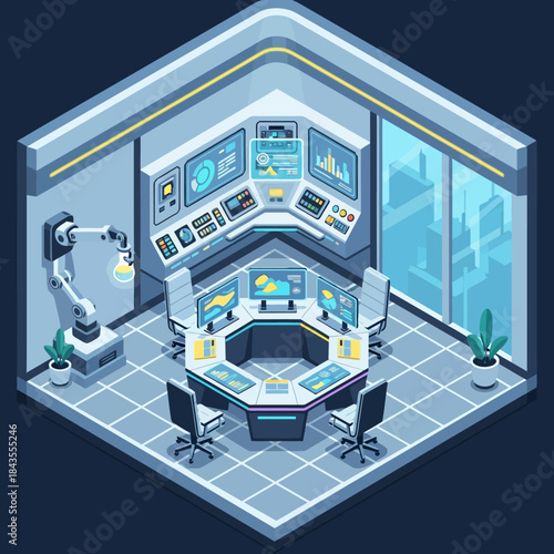 Futuristic Control Room with Robotic Arm and Multiple Monitors.
