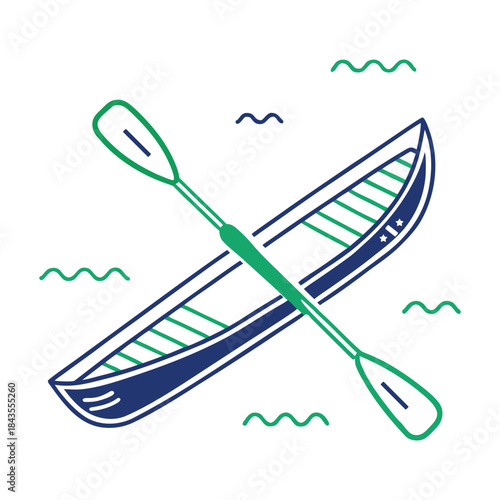 Stylized Linear Vector Illustration of Canoe with Crossed Paddle – Blue and Green Outline Art