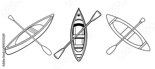 Set of 3 Canoe and Kayak Outline Vectors – Black and White Line Art Illustrations with Paddles