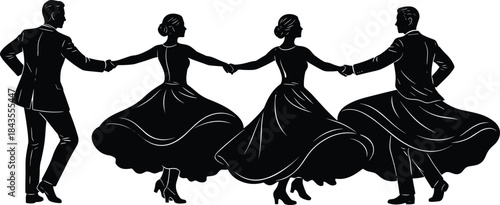 Elegant Couple Dance Silhouette, Black and White Vector Illustration, Romantic Social Ballroom Dancing, Traditional Folk Group Performance, Formal Event Celebration.