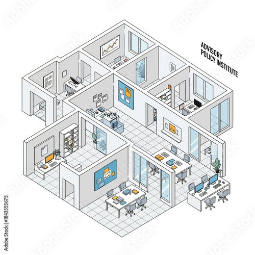 Isometric illustration of a modern office interior layout with multiple rooms and workstations.