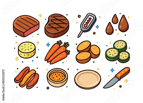 Steak Dish Icons. Close-up steak dish. Colorful isometric vector