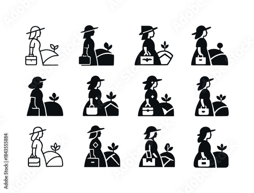 Rural Women Icon Set. Women entrepreneurs in rural areas. Icon s