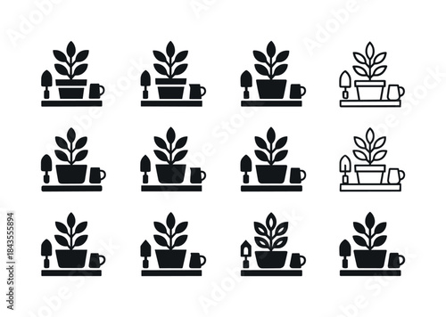 Herb Logo Variations. Growing herbs on a windowsill. Icon set. S
