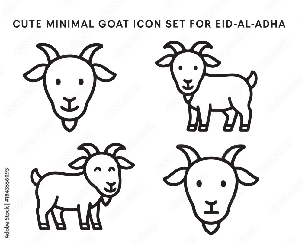 Obraz premium Cute Minimal Goat Line Icon Set for Eid al-Adha: Islamic Festival, Qurbani Animal Sacrifice, and Bakrid Symbols