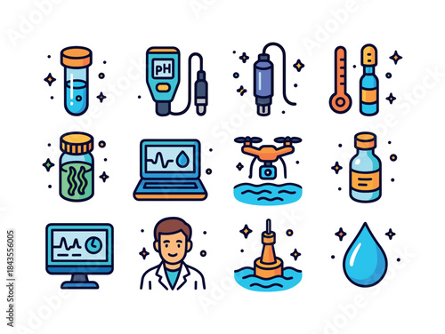 Water Quality Icons. Water quality monitoring. Colorful isometri