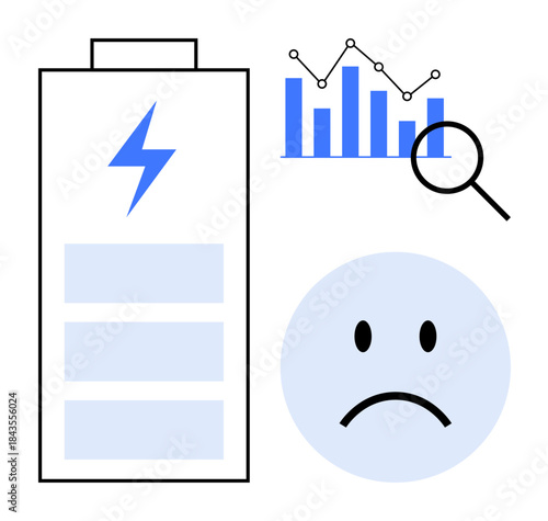 Low battery concept. Visual elements of a battery, data graph, magnifying glass, and sad face power depletion and data analysis. Ideal for energy, tech, and research topics. Power analysis energy
