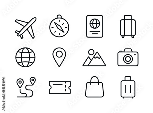 Travel Icon Grid. Travel. Line icon set of Travel: airplane, com