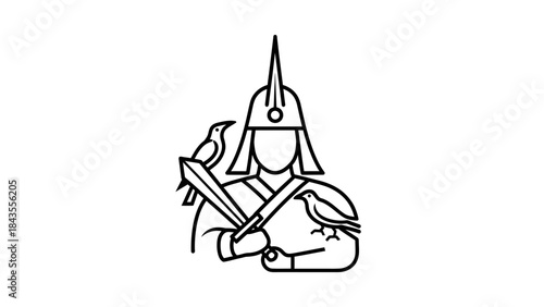 Stylized Line Art of a Warrior with Birds and Sword.