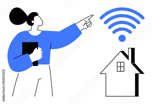Smart homes, internet connectivity, remote work, technology lifestyle, wireless networks, digital communication. Woman pointing at a wireless signal above a house. Smart homes and internet