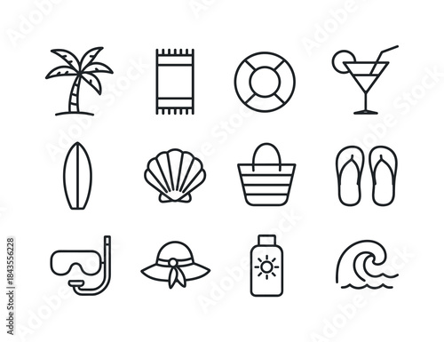 Beach Vacation Icons. Beach Vacation. Line icon set of Beach Vac