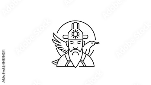 Ancient Warrior with Bird and Sun Symbol Illustration.