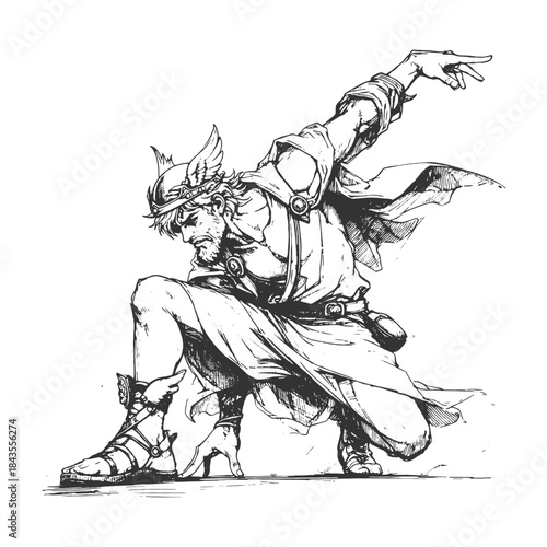 Dynamic vector illustration of the Greek God Hermes (Mercury) in a powerful, running action pose, rendered in a detailed monochrome vintage engraving style for mythology and classical concepts.