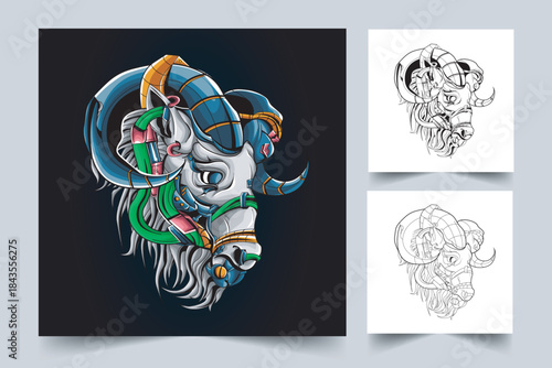 Futuristic mecha ram head mascot logo vector illustration


