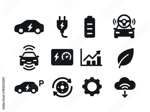 Electric Autonomous Icons. EV and autonomous combo. Solid icon s