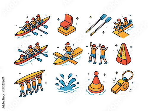 Isometric Rowing Icons. group rowing practice. Colorful isometri