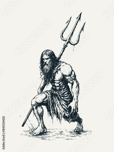 Powerful hand-drawn vector illustration of a muscular sea god or Poseidon holding a trident, rendered in an aggressive monochrome vintage engraving style for mythology and fantasy concepts.