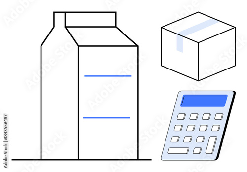 E-commerce, logistics, product shipping, financial planning, pricing strategies, retail. Simplified carton box, package and calculator. E-commerce and logistics the relationship between products