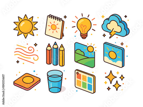 Creative Sunshine Icons. creative sunshine. Colorful isometric v
