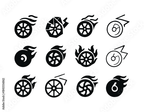 Dynamic Wheel Emblems. Spinning wheels out of control. Icon set.
