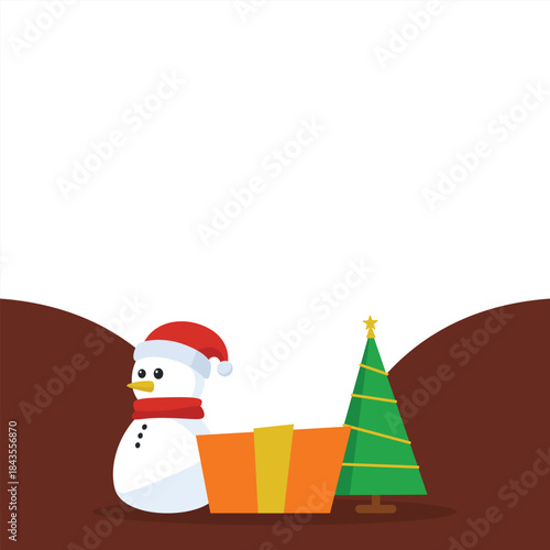 Christmas copy space background template with seasonal elements like snowman, gift box, and decorated pine tree. Christmas design background illustration.