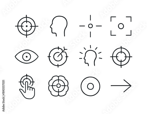 Focus Icon Set. Focus. Line icon set of Focus: target center, co