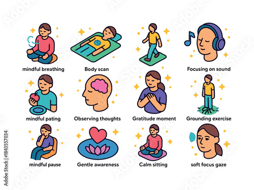 Mindfulness Icon Set. Mindfulness. Colorful isometric vector ico