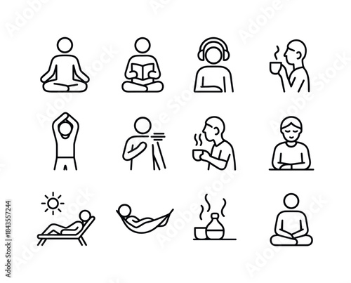 Relaxation Icon Set. Relaxation Activities. Line icon set of Rel